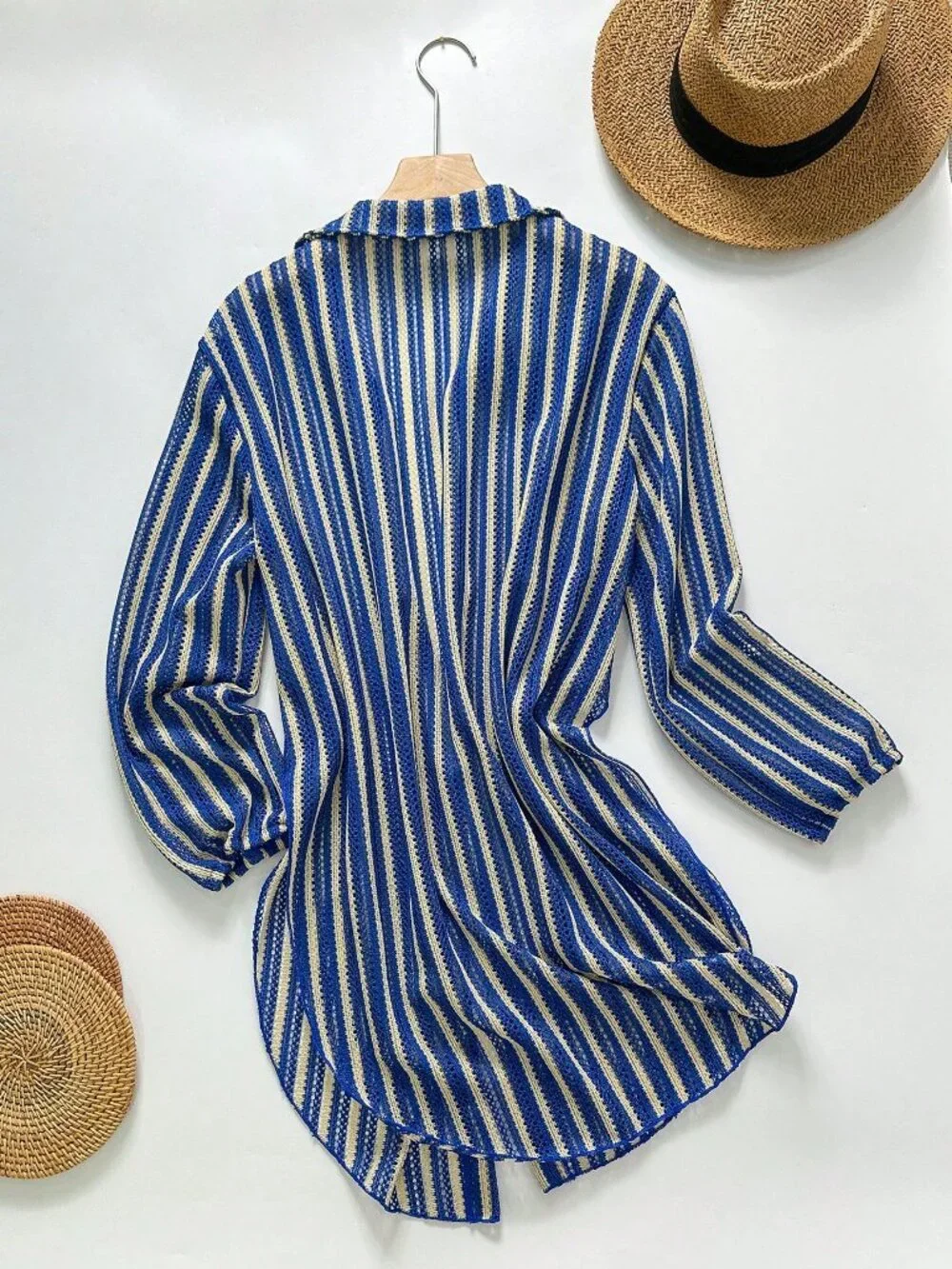Blue And White Striped Women's Jacquard Fabric Open Front Shirt Collar Cover-Up